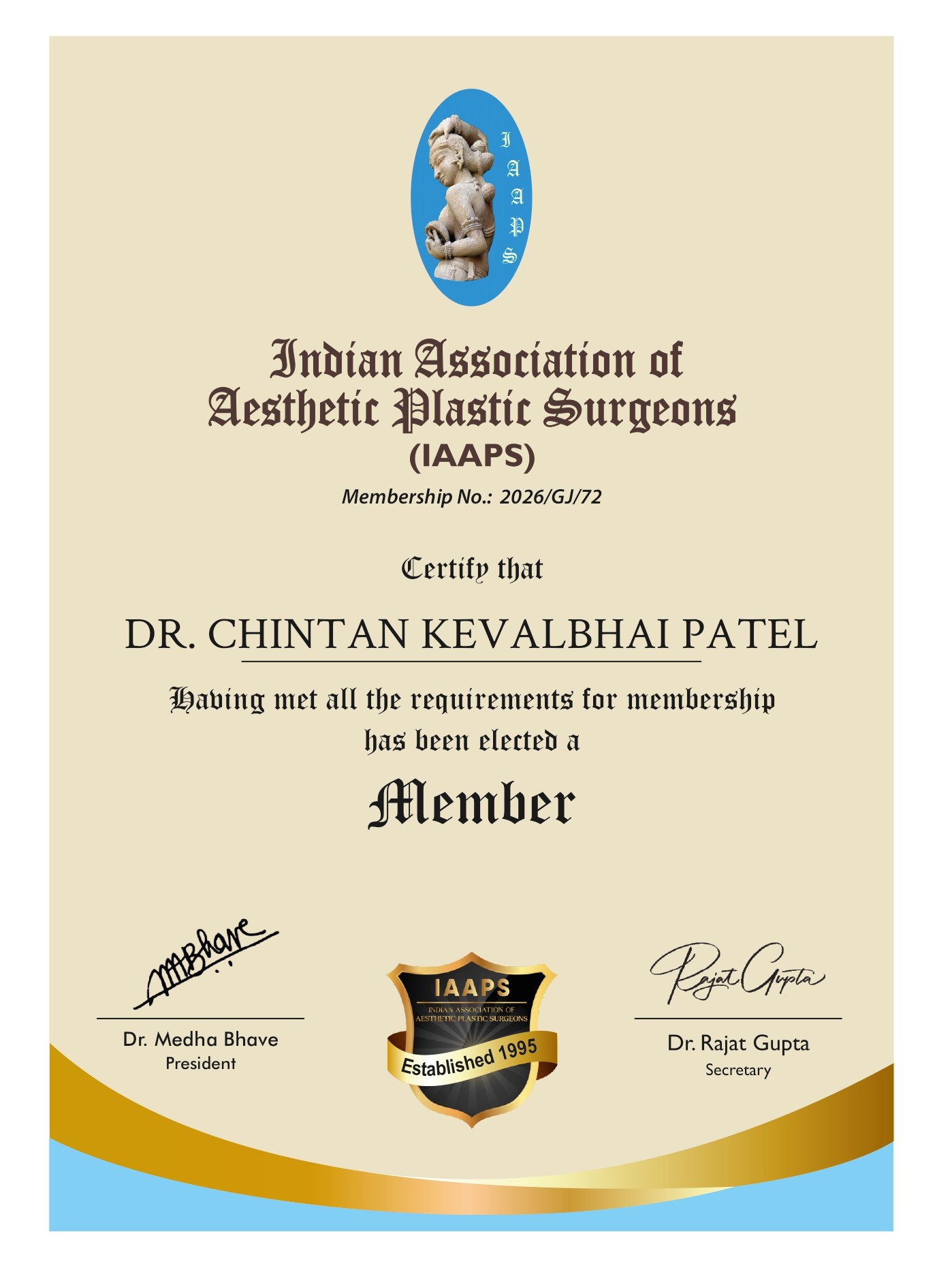 IAAPS MEMBERSHIP CERTIFICATE - Dr. Chintan Patel, Cutis Hospital